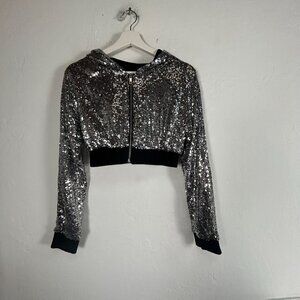 Kaylee Kollection Womens Silver Sequin Cropped Hoodie Jacket Small Zip Front New